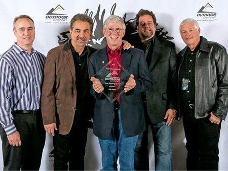 From left to right: Director Tim Cremin, Host and Producer Joe Mantegna, MidwayUSA Founder and CEO Larry Potterfield, Producer Dan Ramm, Producer Michael Bane