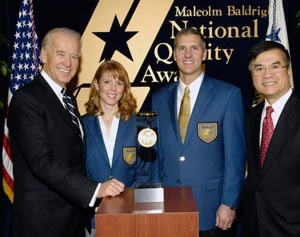 (From left to right) United States Vice President Joe Biden; Matt Fleming, MidwayUSA President; Deanna Herwald, MidwayUSA VicePresident of Quality Management Services; and United States Commerce Secretary Gary Locke. (From left to right) United States Vice President Joe Biden; Matt Fleming, MidwayUSA President; Deanna Herwald, MidwayUSA VicePresident of Quality Management Services; and United States Commerce Secretary Gary Locke.