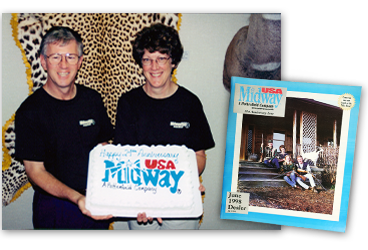 Photo of Brenda and Larry celebrating the new website and logo with a cake, and the flyer