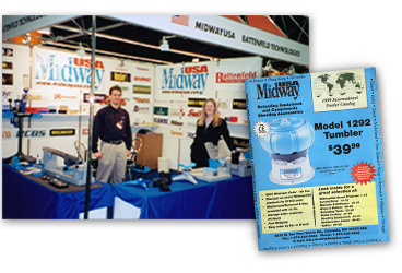 Photo from a booth for Midway Europe and the 1999 International Dealer catalog