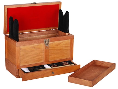 Lot - 2 drawer wooden tackle box loaded with lures and fishing supplies. Box  measures 22” x 11” x 6.5”.