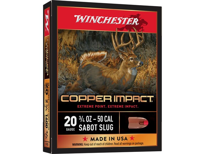 Winchester Deer Season XP Copper Impact Ammunition 20 Gauge 2-3/4" 3/4 oz Copper Extreme Point Sabot Slug Lead-Free Box of 5