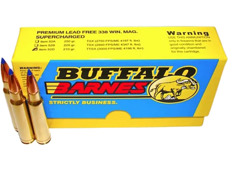 Buffalo Bore 52D20 Buffalo-Barnes Strictly Business 338Win Mag 210gr Barnes Tipped TSX Lead Free 20 Per Box/12 Case Centerfire, Rifle Ammunition