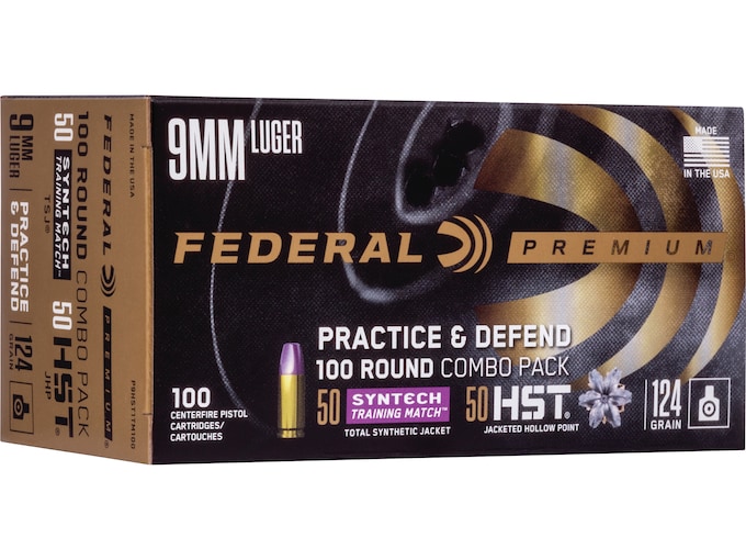Federal Practice & Defend HST/Syntech Combo Ammunition 9mm Luger 124 Grain Jacketed Hollow Point & Total Synthetic Jacket Box of 100