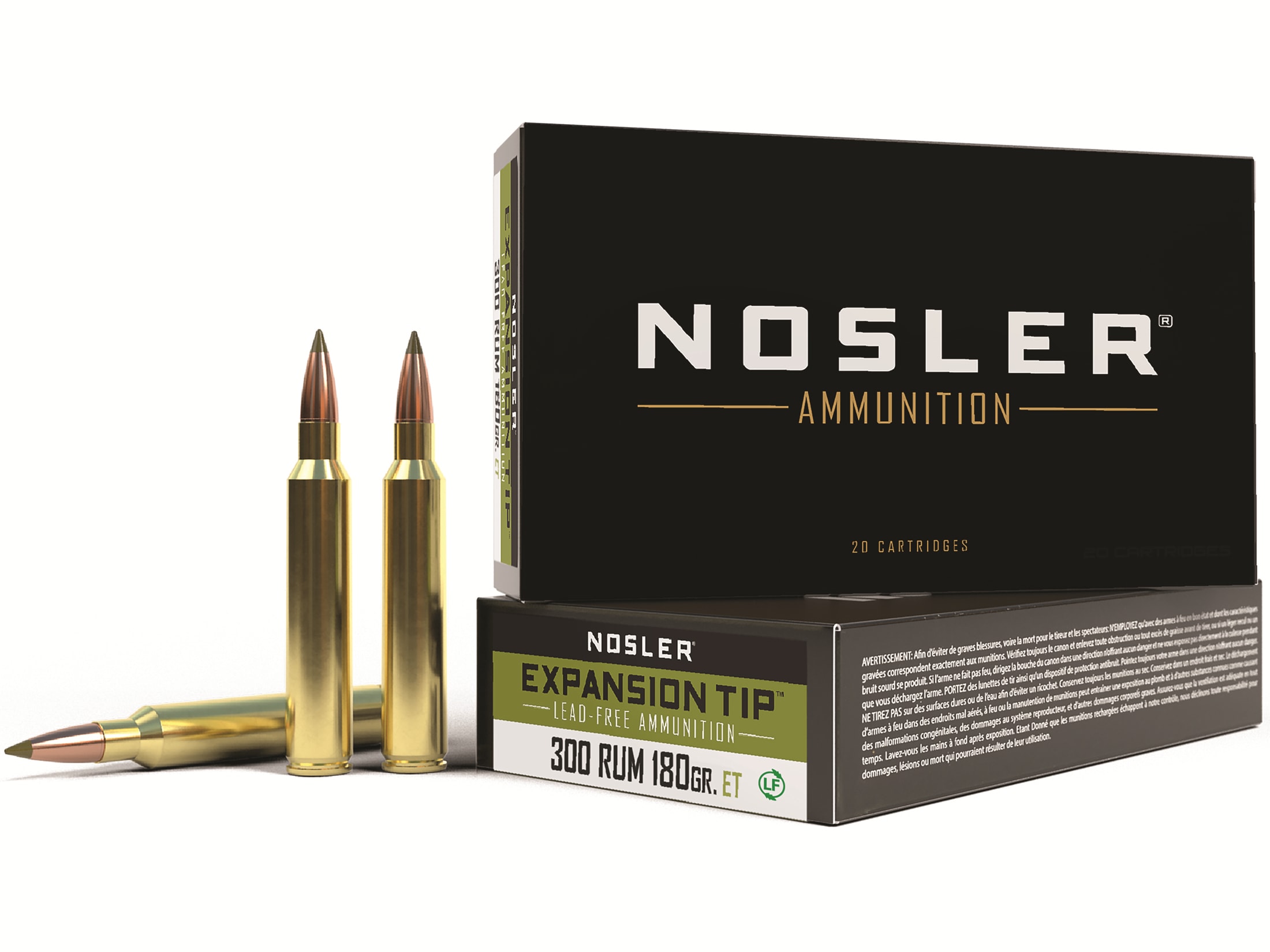 Nosler E-Tip 300 Remington Ultra Magnum Ammo 180 Grain Expansion Tip (E-Tip) Polymer Tip Lead Free Box of 20