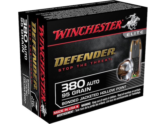 Winchester Defender Ammunition 380 ACP 95 Grain Bonded Jacketed Hollow Point Box of 20