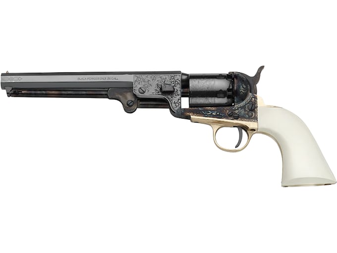 Pietta 1851 Navy Deluxe Engraved Black Powder Revolver 36 Caliber 7.5" Barrel Case Hardened Steel Frame Ultra Ivory Grip Blue
