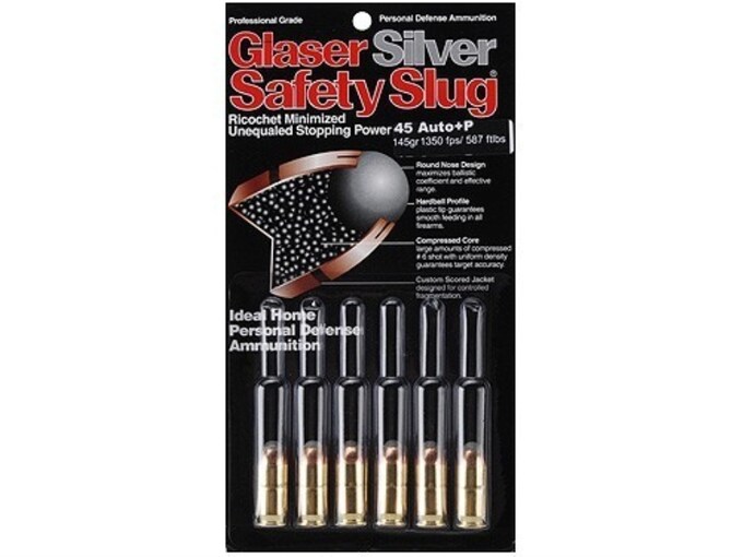 Glaser Silver Safety Slug Ammo 45 ACP +P 145 Grain Safety Slug 6PK