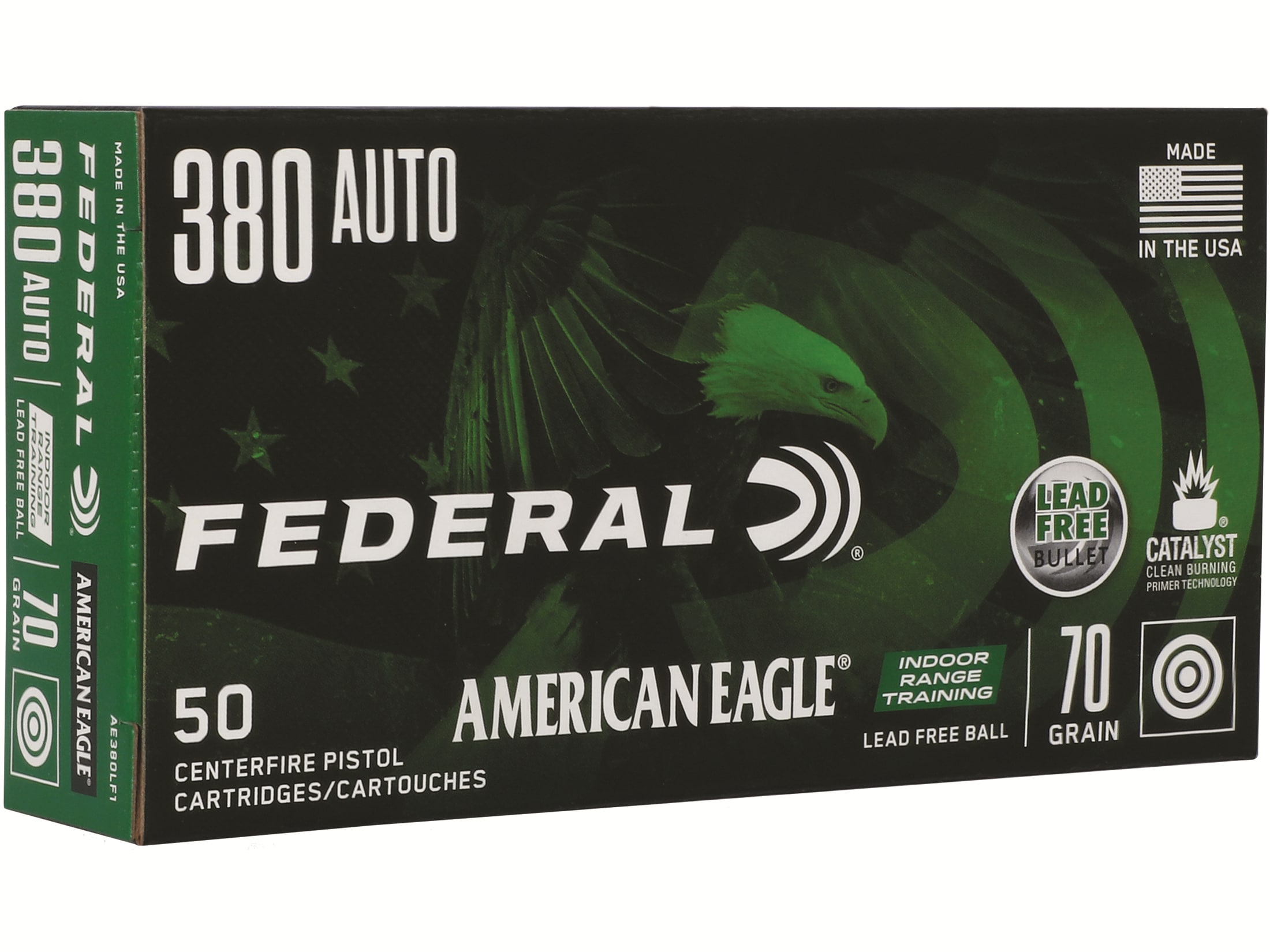 Federal American Eagle IRT 380 ACP Ammo 70 Grain Flat Nose Lead Free Case of 500 (10 Boxes of 50)