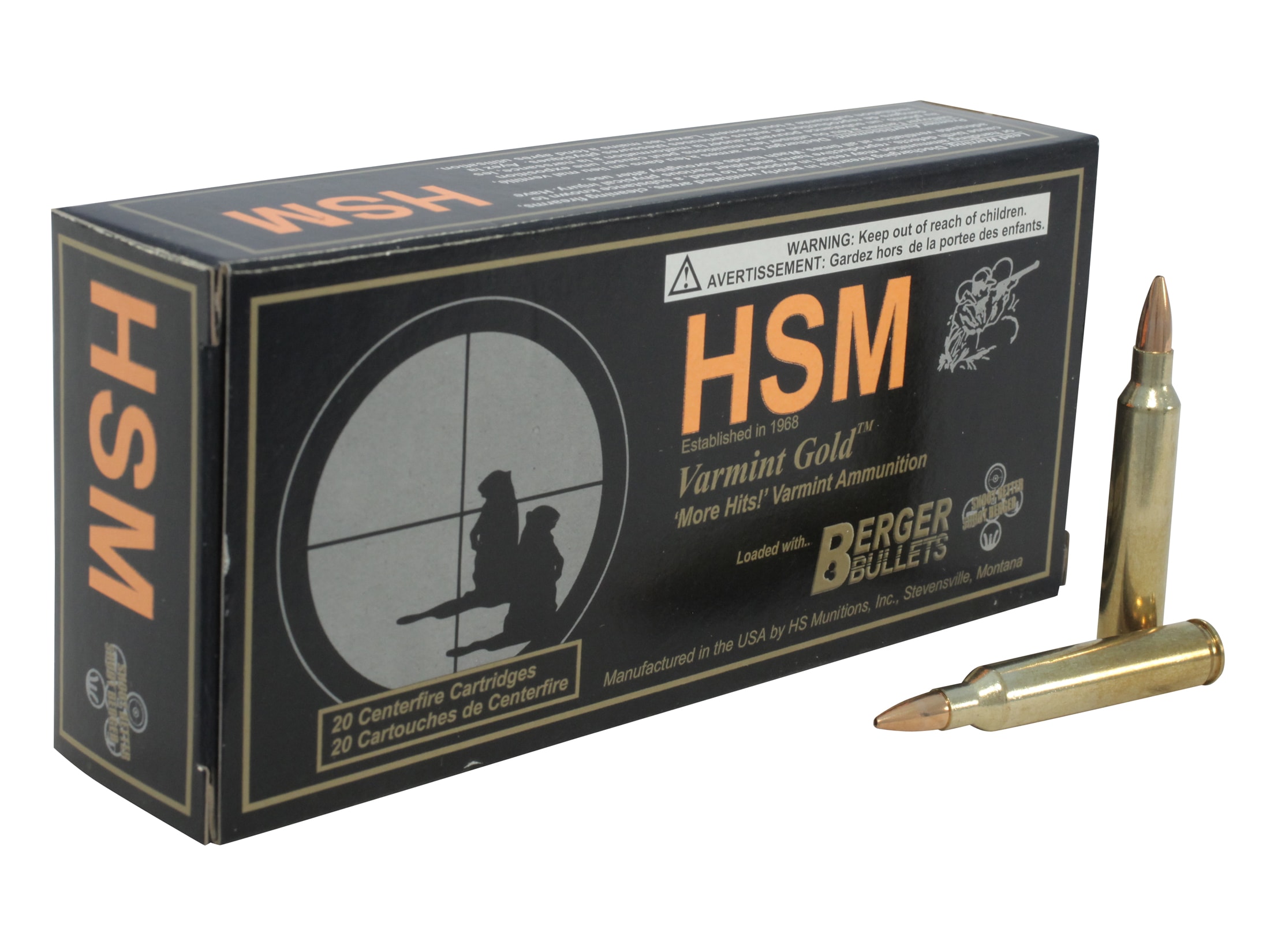 HSM Varmint Gold 204 Ruger Ammo 35 Grain Berger Varmint Jacketed Hollow Point Box of 20