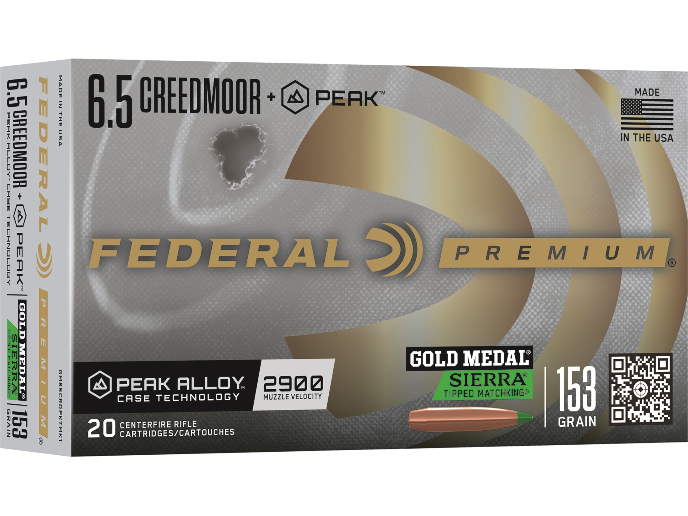 Federal Premium Gold Medal 6.5 Creedmoor +Peak Ammo 153 Grain Sierra Tipped MatchKing Polymer Tip Box of 20
