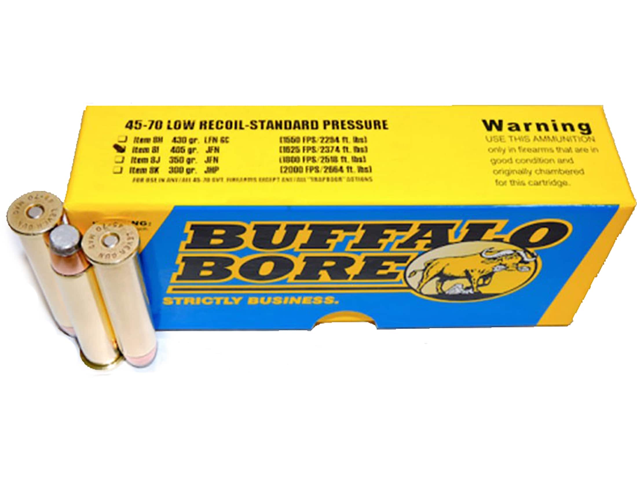 Buffalo Bore 45-70 Government Ammo 405 Grain Jacketed Flat Nose Low Recoil Box of 20