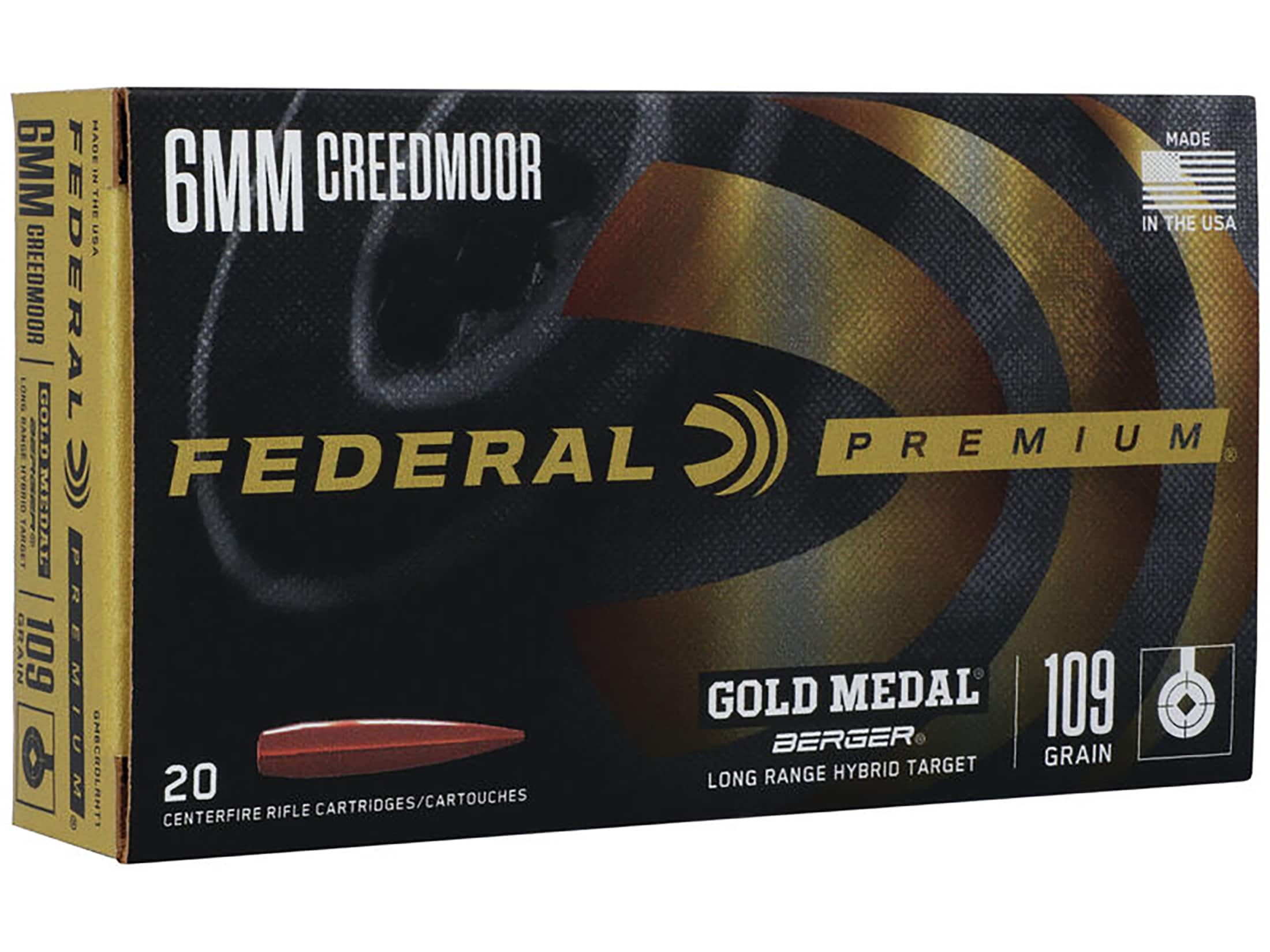Federal Premium Gold Medal 6mm Creedmoor Ammo 109 Grain Berger Hybrid Target Jacketed Hollow Point Case of 200 (10 Boxes of 20)