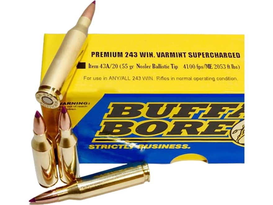 Buffalo Bore Supercharged Varmint 243 Winchester Ammo 55 Grain Nosler Ballistic Tip Polymer Tip Box of 20