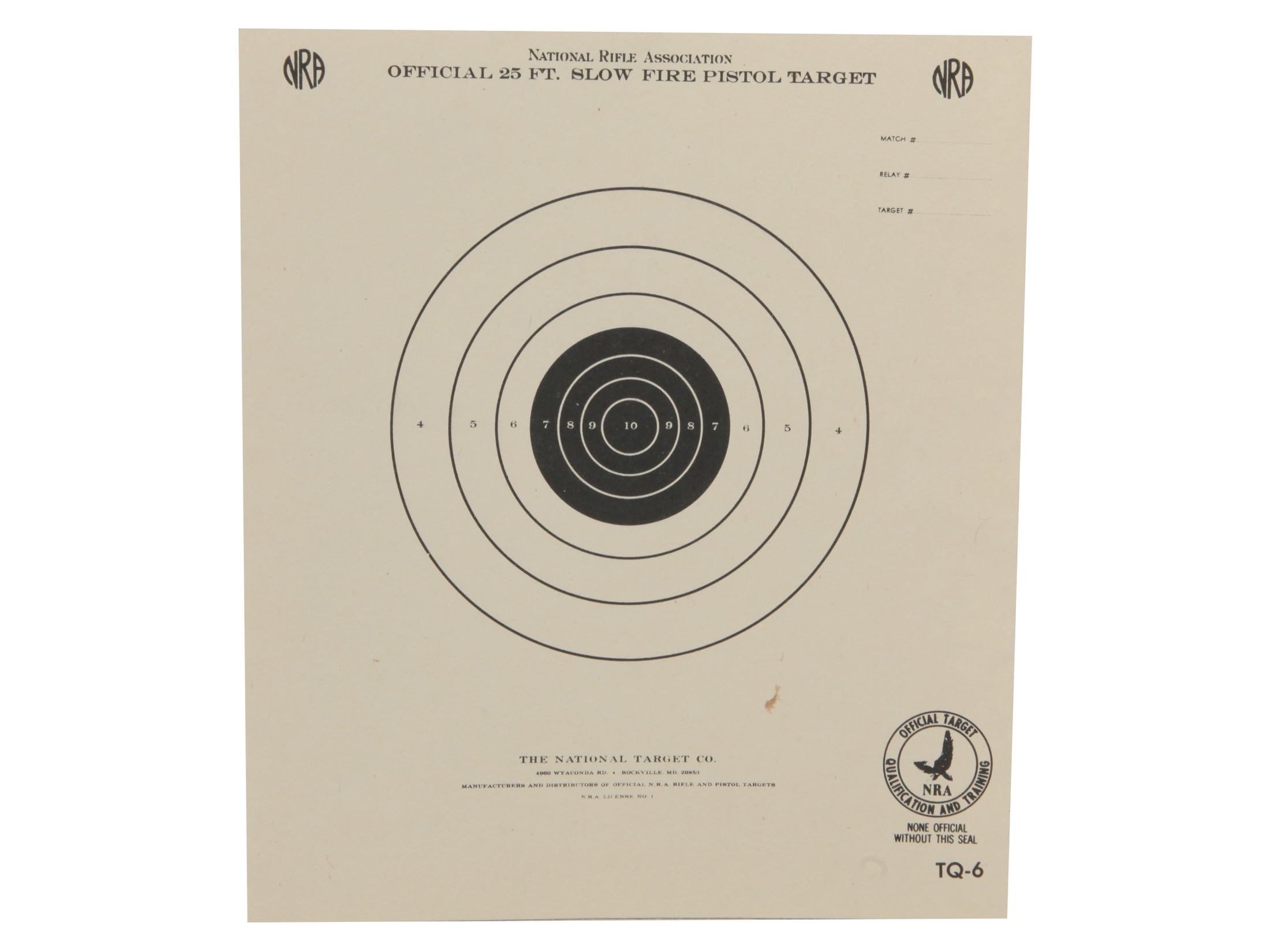 100 targets on heavy paper NRA TQ-6 Official 25 Foot Slow Fire Pistol Target 