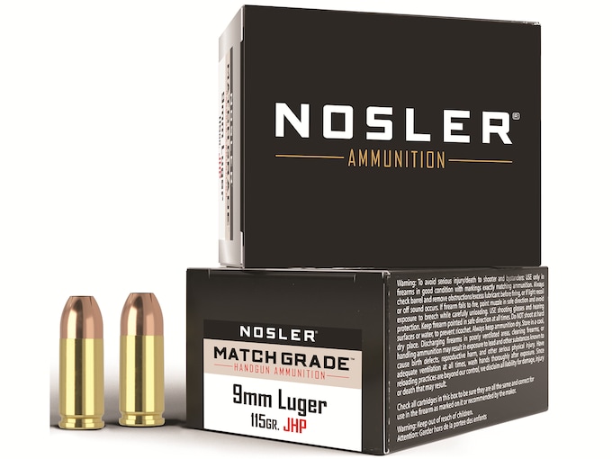 Nosler Match Grade Ammo 9mm Luger 115 Grain Jacketed Hollow Point Box
