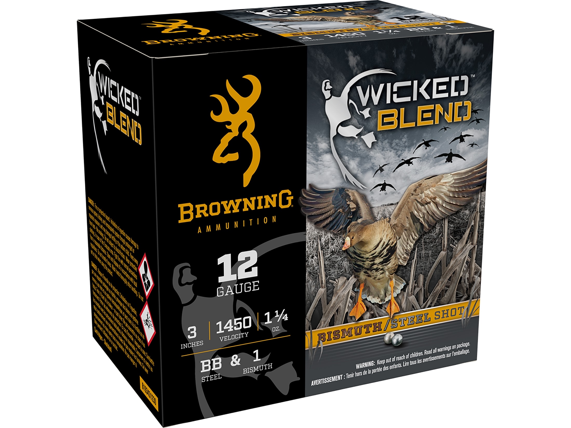 Browning Wicked Blend Waterfowl 12 Gauge Ammo 3" BB and #1 Steel and Bismuth Shot 1-1/4 oz Case of 250 (10 Boxes of 25)