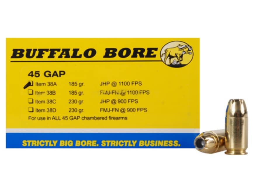 Buffalo Bore 38A20 Personal Defense Strictly Business 45GAP 185gr Jacket Hollow Point 20 Per Box/12 Case Centerfire, Handgun Ammunition