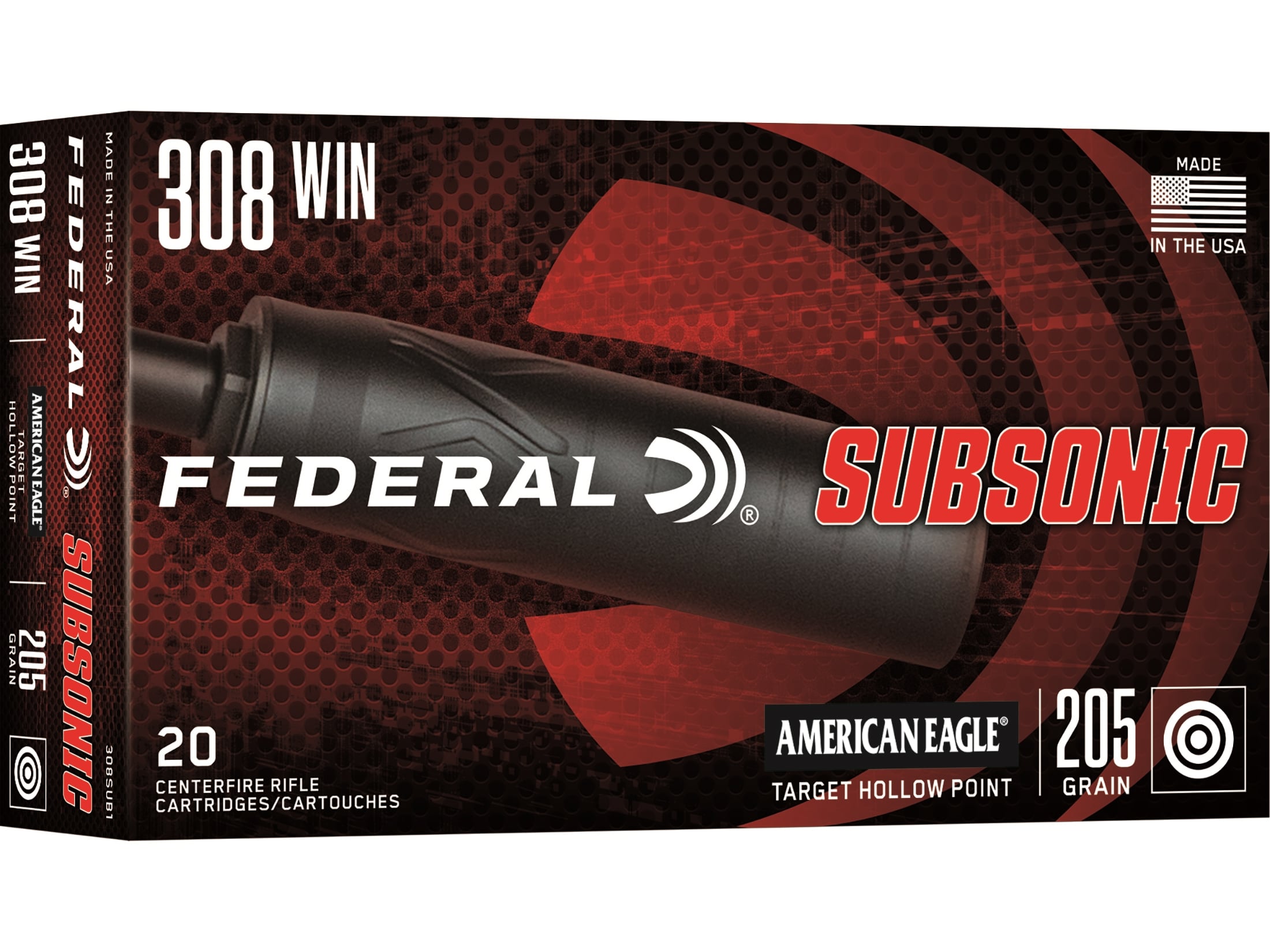 Federal American Eagle Subsonic 308 Winchester Ammo 205 Grain Jacketed Hollow Point Case of 200 (10 Boxes of 20)