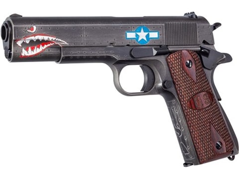 Auto Ordnance Squadron Wwii 1911 Pistol 45 Acp 5 Barrel 7 Round Custom Engraved Shark Mouth Slide Checkered Wood Grip With Us Logo