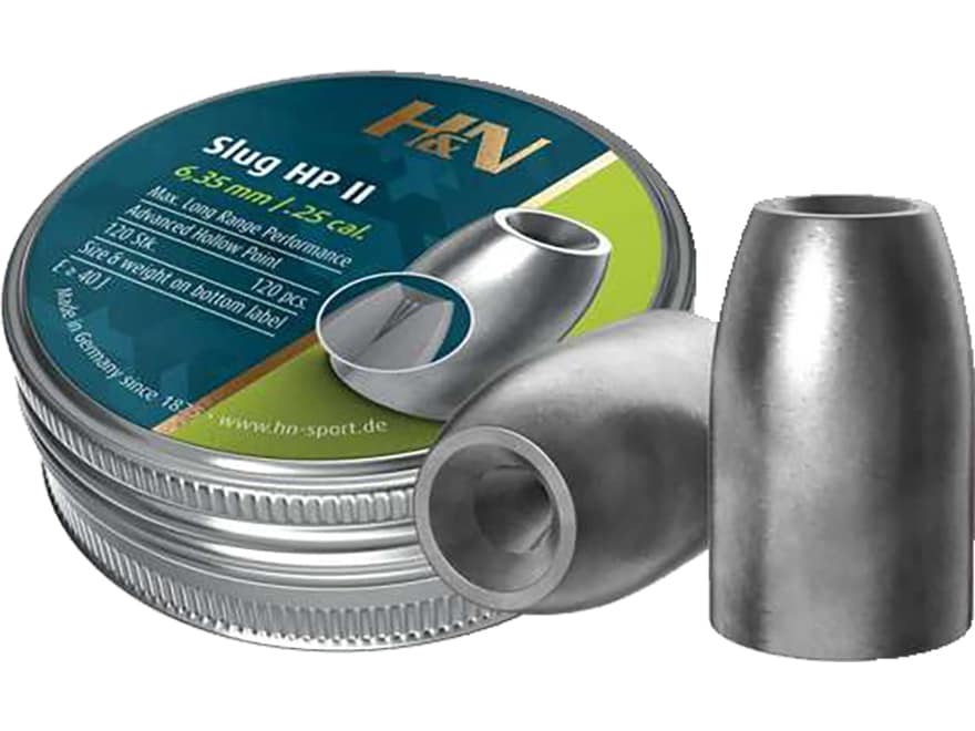 H&N Slug HP II Air Gun Pellets 25 Caliber 32 Grain Hollowpoint Tin of 120