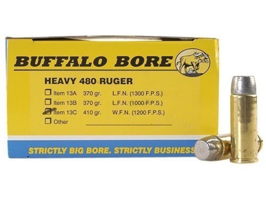 Buffalo Bore 13C20 Heavy Strictly Business 480Ruger 410gr Wide Flat Nose 20 Per Box/12 Case Centerfire, Handgun Ammunition