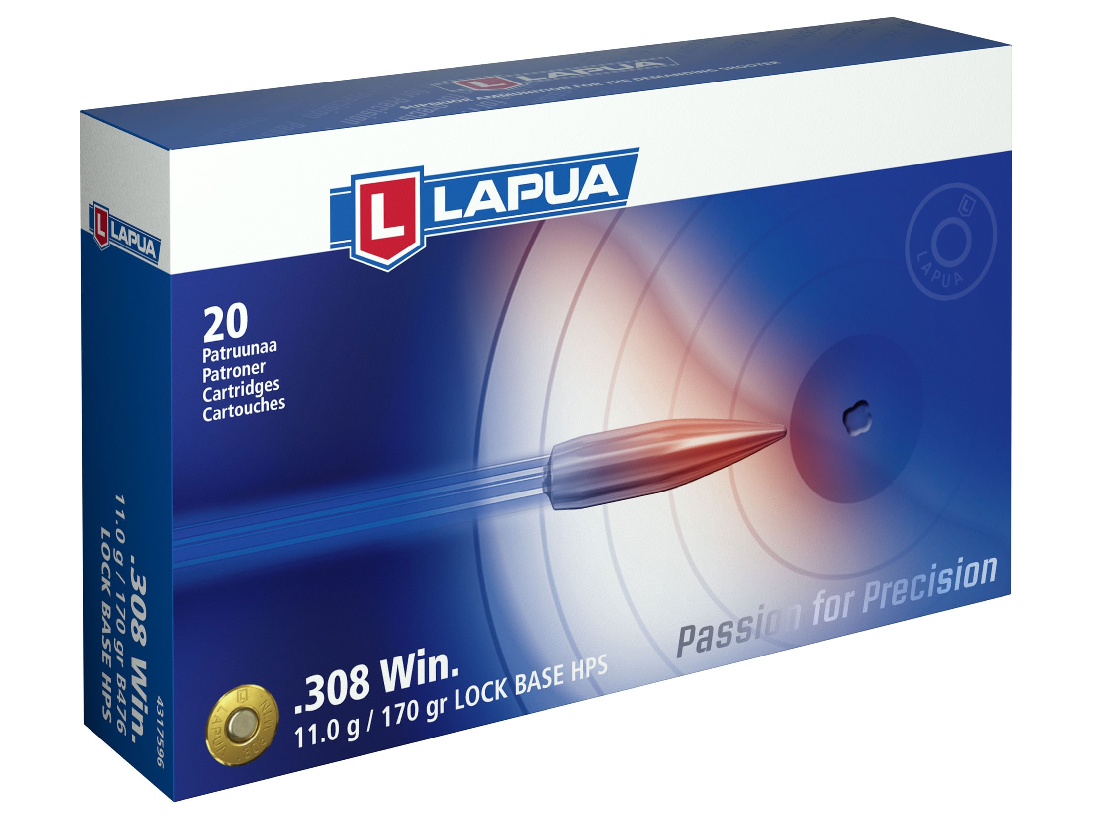 Lapua 308 Winchester Ammo 170 Grain Lapua Lock Base Full Metal Jacket Box of 20