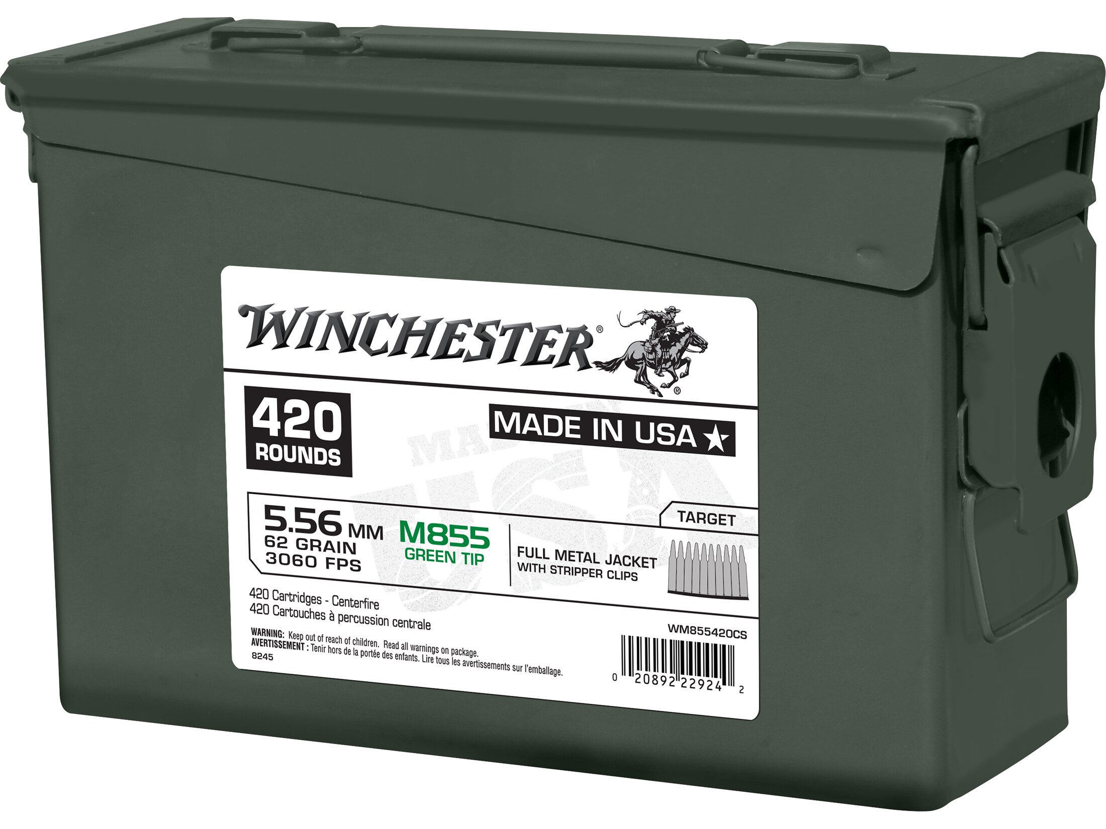 Winchester Ammo 5.56x45mm NATO 62 Grain M855 SS109 Penetrator Full