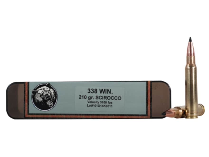 Grizzly Cartridge Trophy Grade 338 Winchester Magnum Ammo 210 Grain Swift Scirocco II Bonded Polymer Tip Box of 20