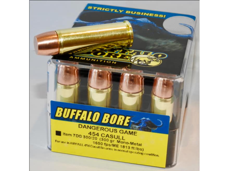 Buffalo Bore Dangerous Game 454 Casull Ammo 300 Grain Lehigh Match Solid Flat Nose Lead Free Box of 20