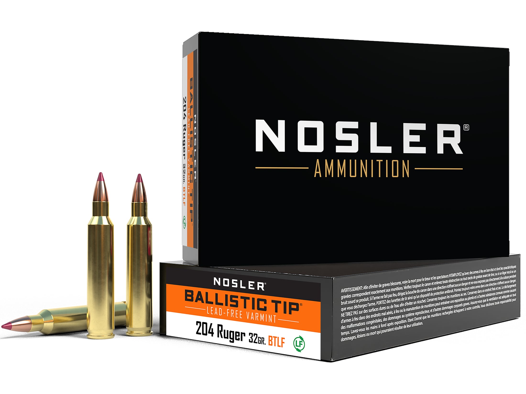 Nosler BT Varmint 204 Ruger Ammo 32 Grain Nosler Ballistic Tip Polymer Tip Lead Free Box of 20