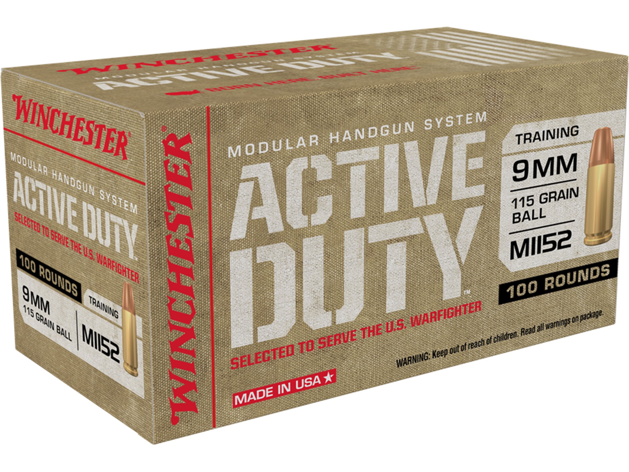 Winchester Active Duty MHS Ammo 9mm M1152 115 Grain Full Metal Jacket