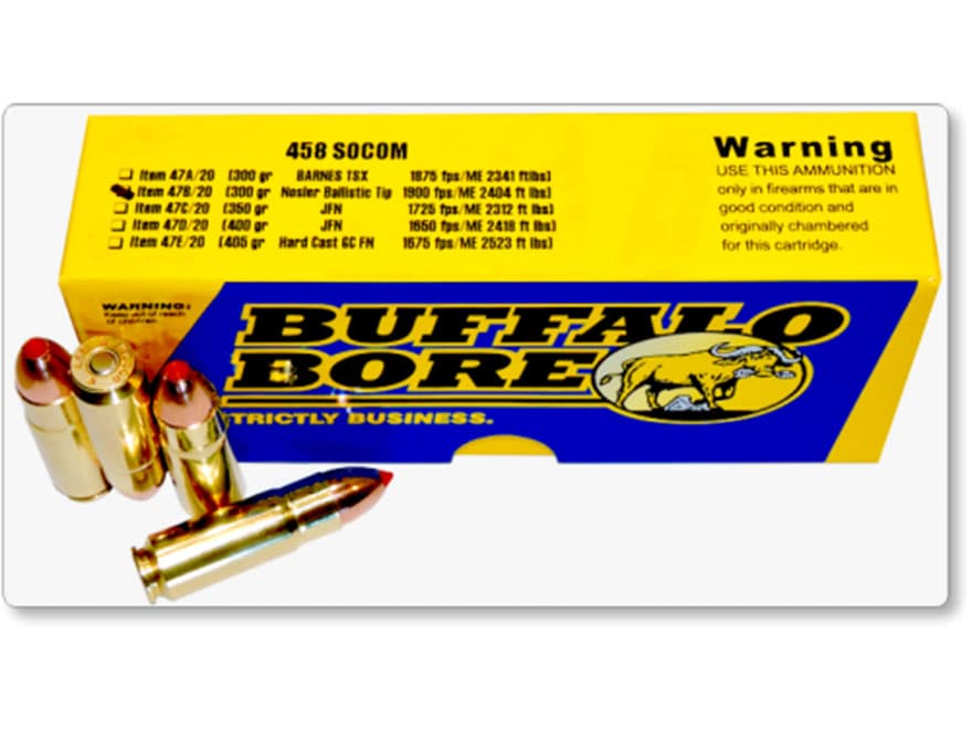 Buffalo Bore 458 Socom Ammo 300 Grain Nosler Ballistic Tip Polymer Tip Box of 20