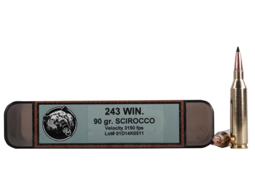 Grizzly Cartridge Trophy Grade 243 Winchester Ammo 90 Grain Swift Scirocco II Bonded Polymer Tip Box of 20