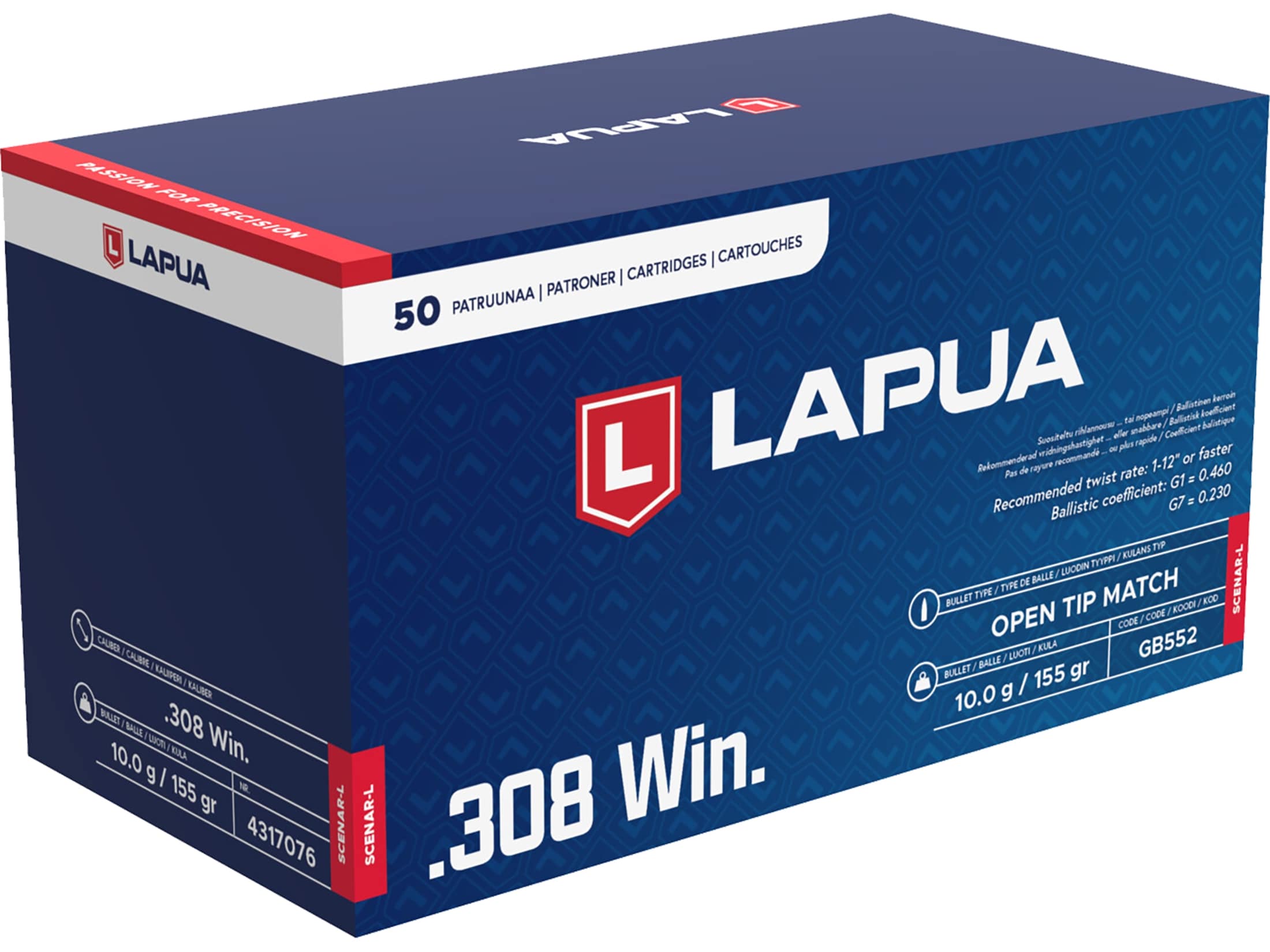 Lapua Scenar-L 308 Winchester Ammo 155 Grain Open Tip Match Box of 50