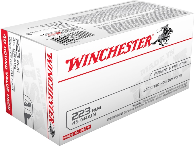 Winchester USA Ammunition 223 Remington 45 Grain Jacketed Hollow Point Box of 40