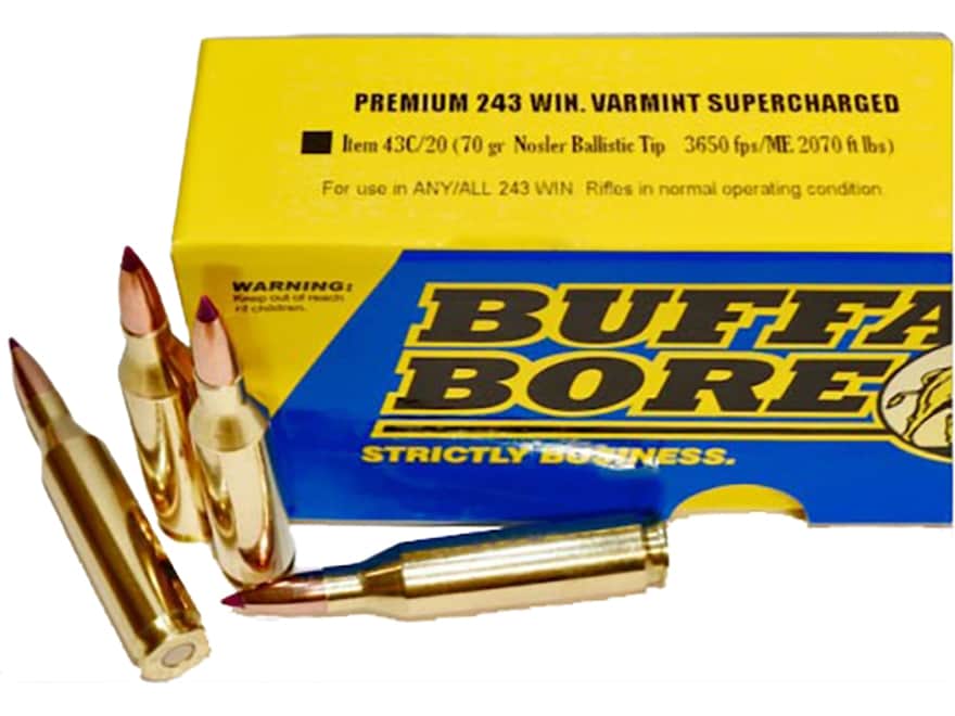 Buffalo Bore Supercharged Varmint 243 Winchester Ammo 70 Grain Nosler Ballistic Tip Polymer Tip Box of 20