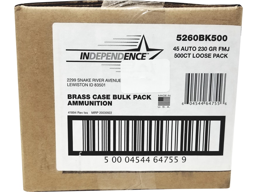 CCI Independence Brass Handgun Ammunition .45 ACP 230 gr. FMJ 830 fps 500/ct (Bulk)