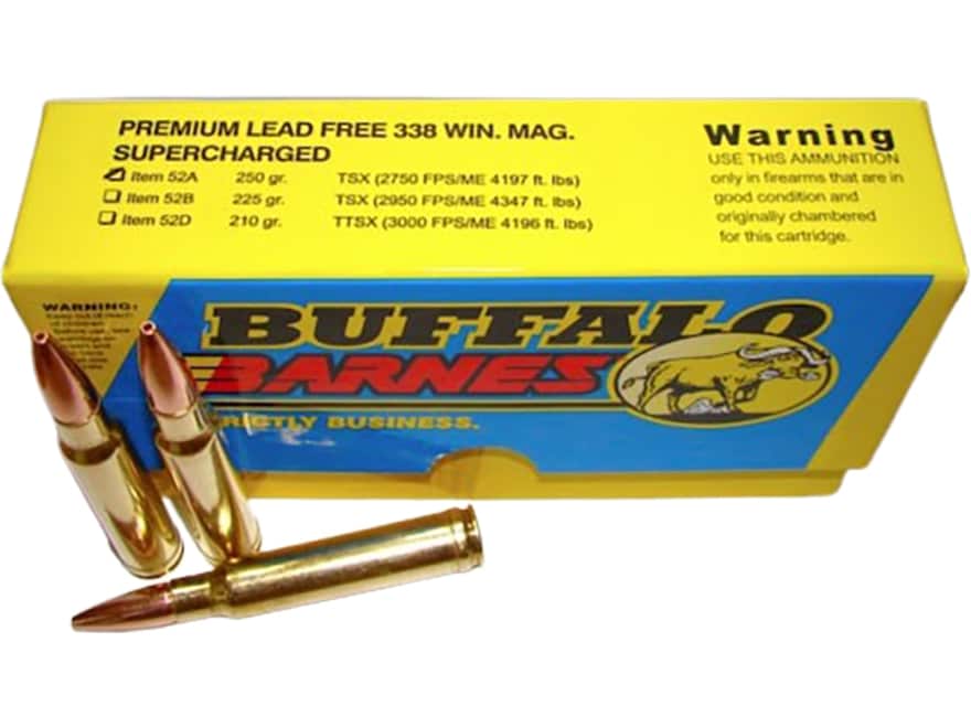 Buffalo Bore Supercharged 338 Winchester Magnum Ammo 250 Grain Barnes TSX Solid Hollow Point Lead Free Box of 20