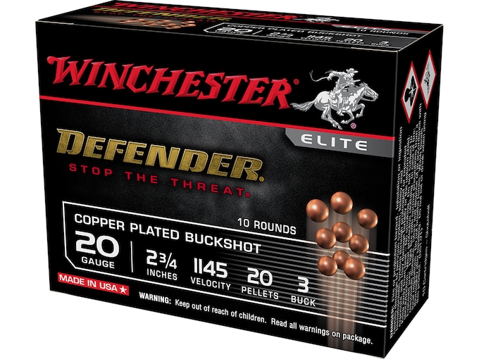 Winchester Defender Ammunition 20 Gauge 2-3/4" #3 Plated Buckshot 20 Pellets Box of 10