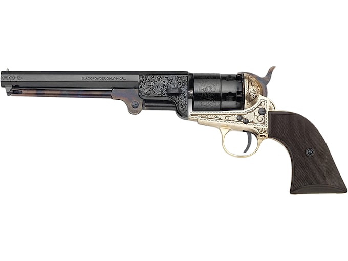 Pietta 1851 Navy Deluxe Black Powder Revolver 44 Caliber 7.5" Barrel Brass Engraved Frame Checkered Brown Poly Grip Blue