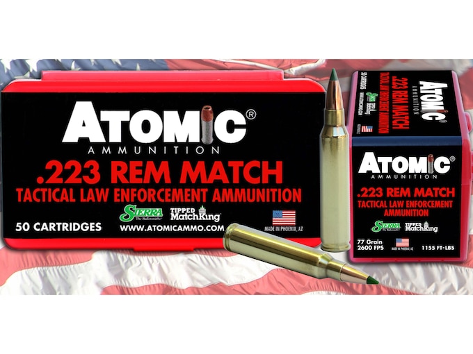 Atomic Tactical LE Ammunition 223 Remington 77 Grain Sierra Tipped MatchKing (TMK) Box of 50