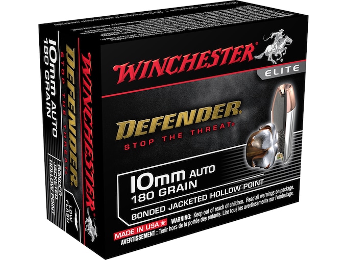 Winchester Defender Ammunition 10mm Auto 180 Grain Bonded Jacketed Hollow Point Box of 20
