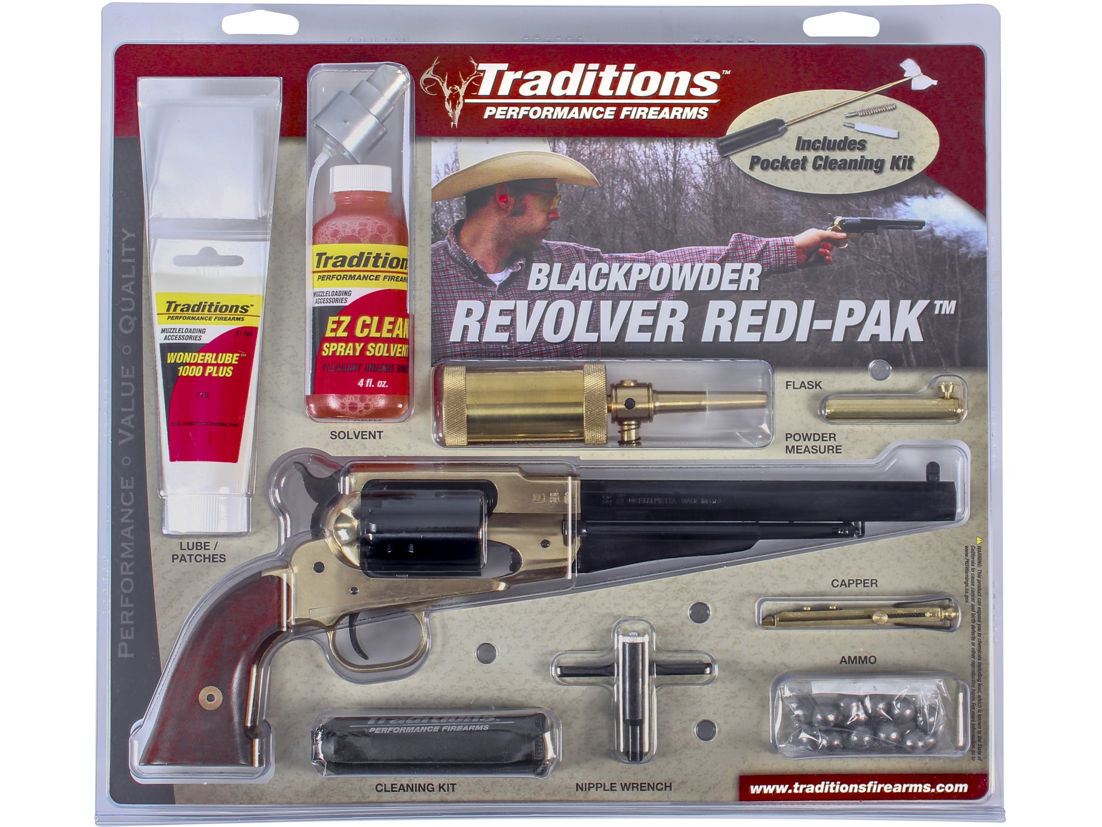 Traditions 1858 Army Black Powder Revolver Redi-Pak, Blued / Walnut /  Brass, .44Cal: MGW
