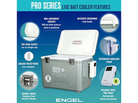 Engel 30 Quart Live Bait Pro Cooler Silver Rod Holders AP4 XL