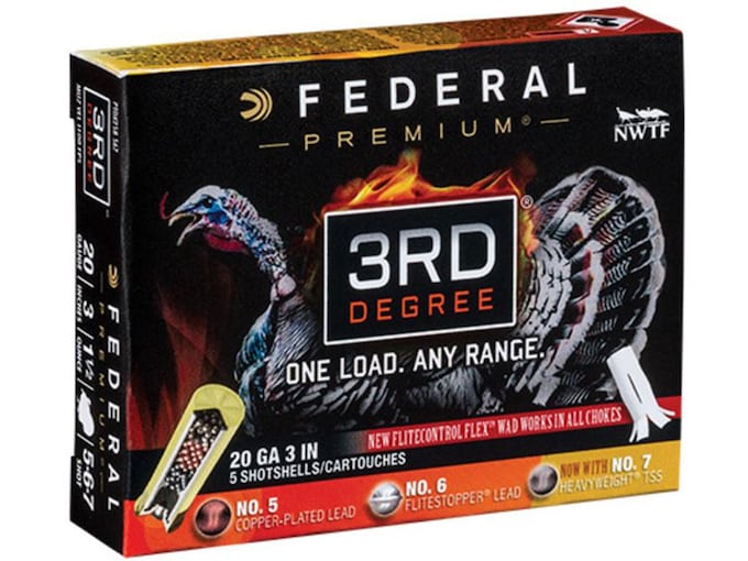 Federal Premium 3rd Degree Turkey 20 Gauge Ammo 3″ #5, #6, #7 Lead Shot 1-1/2 oz Box of 5
