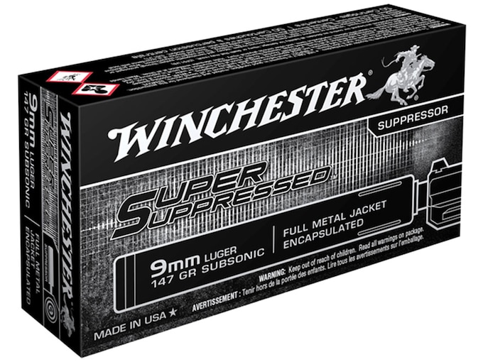 Winchester Super Suppressed 9mm Luger Ammo 147 Grain Full Metal Jacket Case of 500 (10 Boxes of 50)