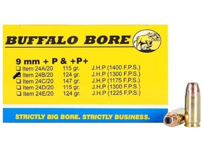 Buffalo Bore 9mm Luger +P+ Ammo 124 Grain Jacketed Hollow Point Box of 20