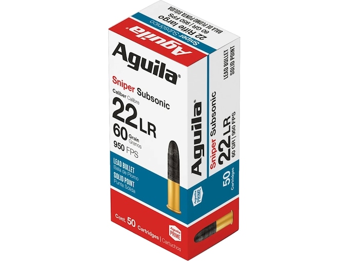 Aguila Sniper Subsonic 22LR Ammo 60 Grain Round Nose Box of 50