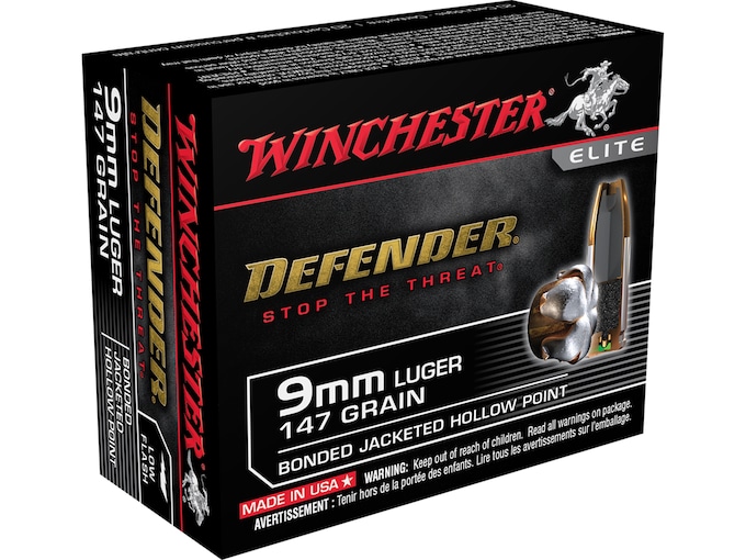 Winchester Defender 9mm Luger Ammo 147 Grain Winchester PDX1 Bonded Jacketed Hollow Point Box of 20